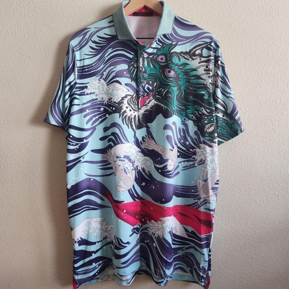 Greyson Polo Shirt Mens Large Dragon Graphic Blue Wave Print Golf Performance